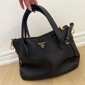 Prada Black Leather Shoulder Bag with Gold Accents
